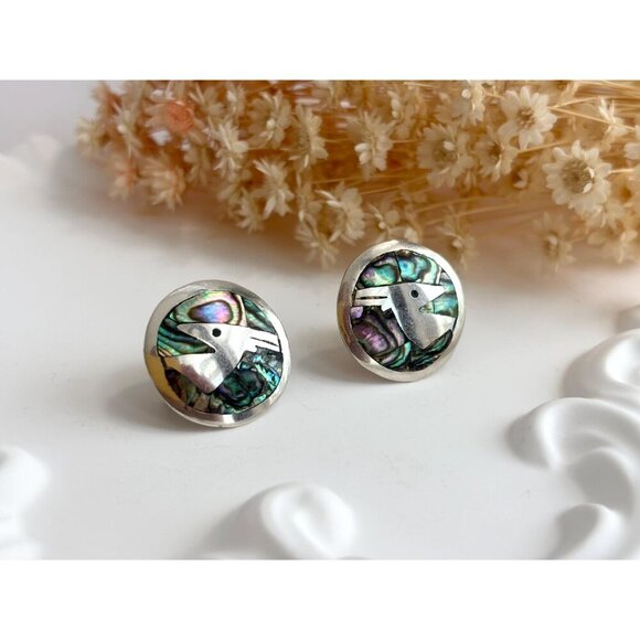 Abalone Gazelle Figural Modernist Taxco Sterling Silver Mexica Southwest Studs - Picture 3 of 10